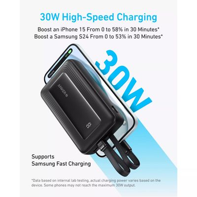 Anker PowerCore Acumulator Extern 20.000 mAh 30W Porturi USB-C/USB-A si Cablu Integrat USB-C+Lightning Negru