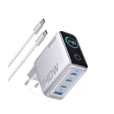 Anker Digital Display Incarcator Retea 140W 3x USB-C 1x USB-A PD 3.1 Cablu USB-C Argintiu