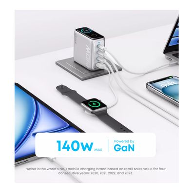 Anker Digital Display Incarcator Retea 140W 3x USB-C 1x USB-A PD 3.1 Cablu USB-C Argintiu