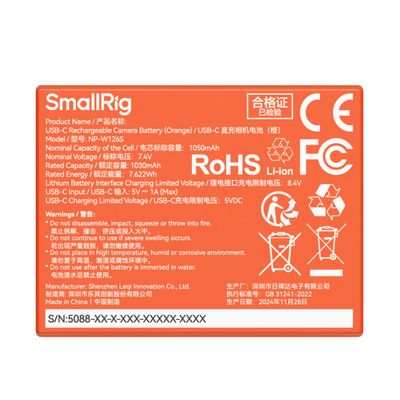 SmallRig 5088 Acumulator Reincarcabil USB-C pentru Fujifilm NP-W126S 1050mAh Portocaliu