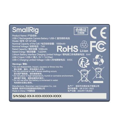 SmallRig 5062 Acumulator Reincarcabil USB-C pentru Fujifilm NP-W126S 1050mAh Albastru